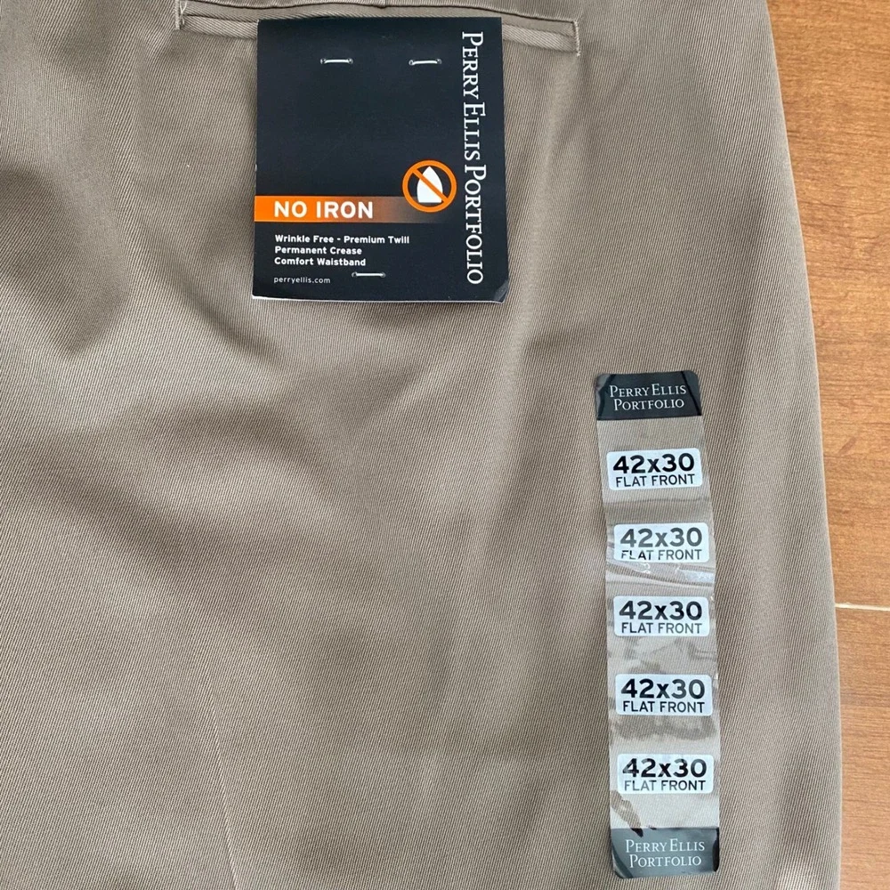 Perry Ellis Portfolio Mens 42x30 Dress Pants Sandstone Tan Flat Front No Iron - Picture 10 of 10